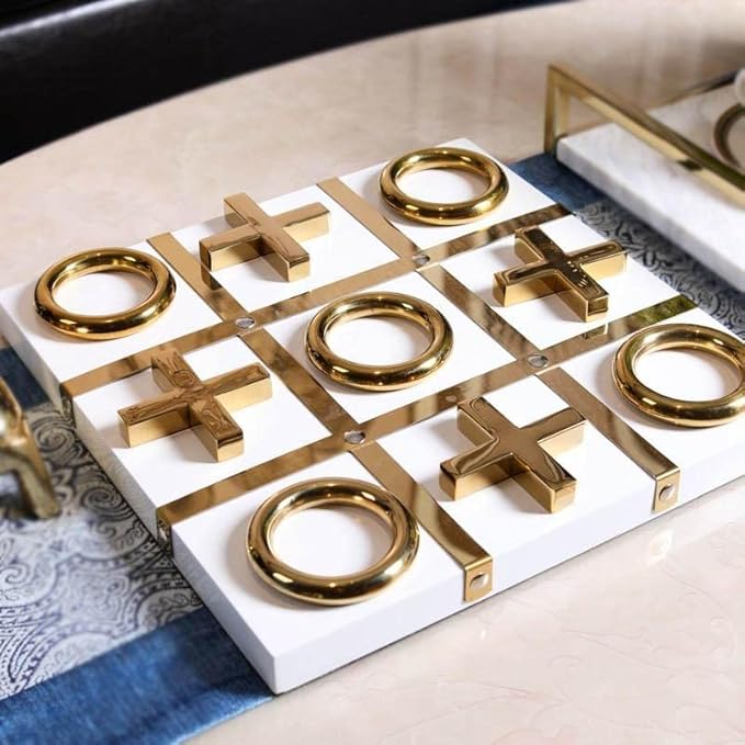 Modern Tic Tac Toe for Home Decoration, Gold and White Hand Crafted with White Wood and Gold Color Stainless Steel, Decorative Tic Tac Toe, Table Top Decoration, X/O Board
