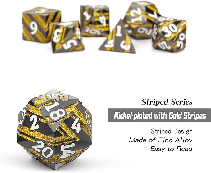 Stripe Metal DND Dice Set,DNDND Metallic D&D Dice with Gift Case for Dungeons and Dragons D&D (Gold Stripes)