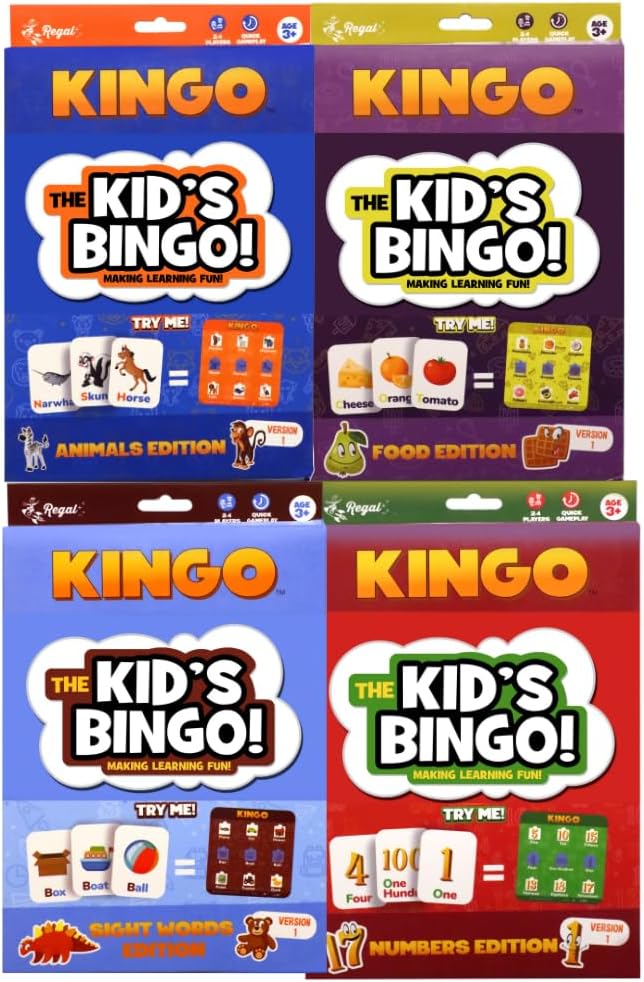Regal Games 4-in-1 Kingo Set - Bingo Games for Kindergarten and Preschool Kids - Fun Educational Learning Games for Classroom & Home - Vocabulary Builder Kids Bingo