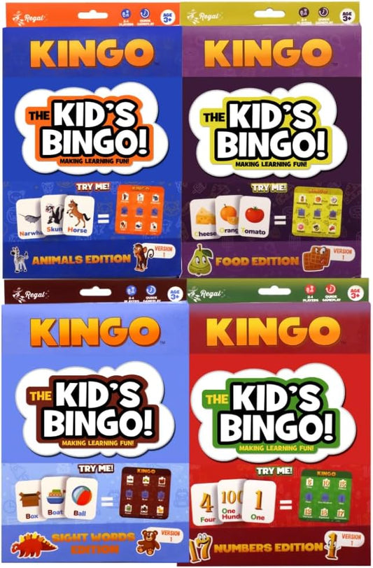 Regal Games 4-in-1 Kingo Set - Bingo Games for Kindergarten and Preschool Kids - Fun Educational Learning Games for Classroom & Home - Vocabulary Builder Kids Bingo