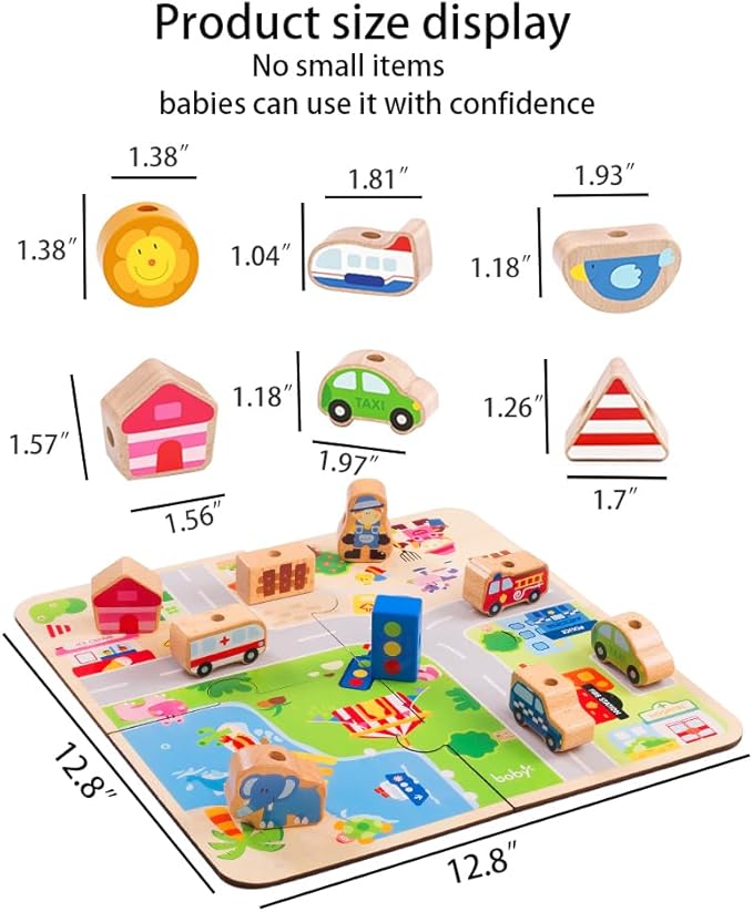 24-Piece Real Wood Bead Threading Puzzle Blocks with Traffic Scenario Game Board - Kids' Educational Toy Set with 2 Stringing Sticks & Cotton Storage Bag(Ages 3-6)