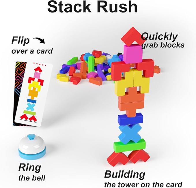 4-in-1 Family Board Games, 120 Pcs Wooden Multi-Level Montessori Toy Fast 3D Shape Pattern Matching Puzzle Stacking Building Blocks Fun Game for Kids Adults Family Night/Party, 1-6 Players Ages 4+