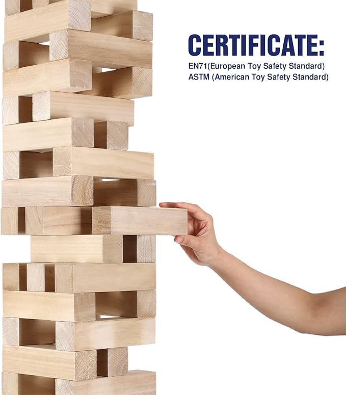 GOTHINK Giant Tumbling Tower Game, Super Large 51pcs Wooden Blocks Stacking Game, Stacking to Over 6 Feet, Jumbo Timber Blocks with Carry Bag, Jumbo Outdoor Indoor Game Toy Gift for Kids and Adults