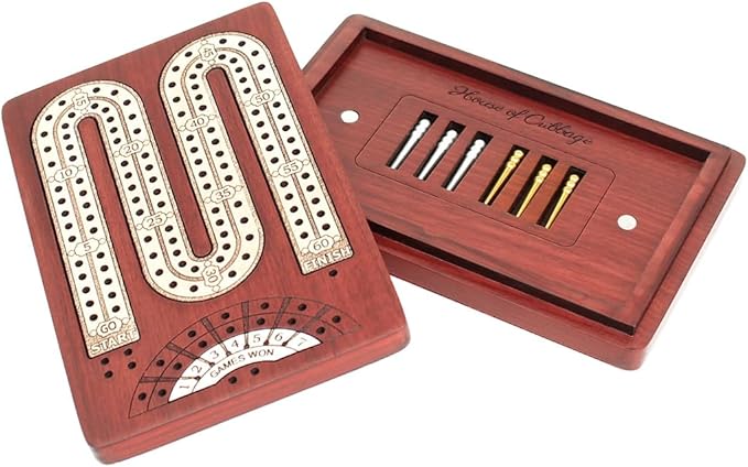 2 Track - Wooden Travel - Pocket Size Cribbage Board - Size: 4.75 Inch - Storage Space for Cribbage Pegs - Score Marking Fields for Won Games - 60 Points - Non Continuous