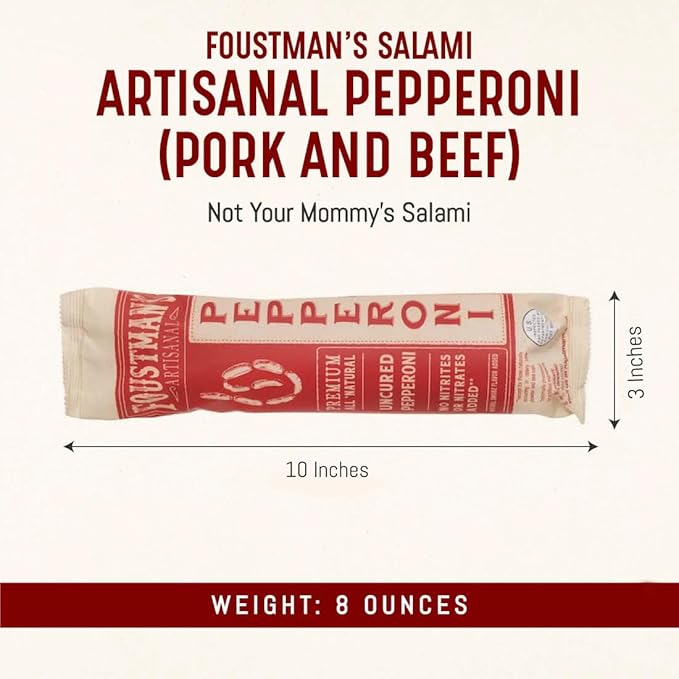 Foustman's Salami Pork and Beef Pepperoni, Nitrate-Free, Naturally Cured, Gluten-Free, Dairy-Free, 8 Oz Sticks