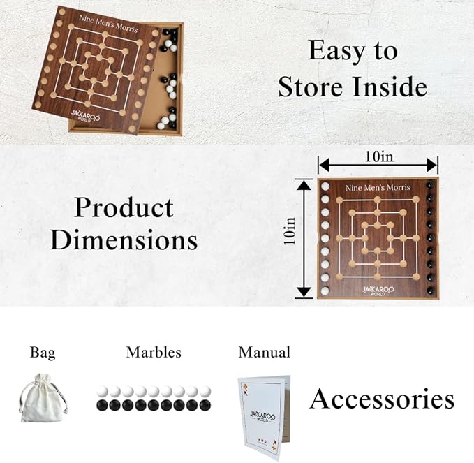 Nine Mens Morris Board Game - 2 Player Games Ancient Rome Game - Marble Strategy Game Wooden Tic Tac Teo Game Mill - Wooden Board Game for Men & Woman Marbles Games for Adults (Walnut)