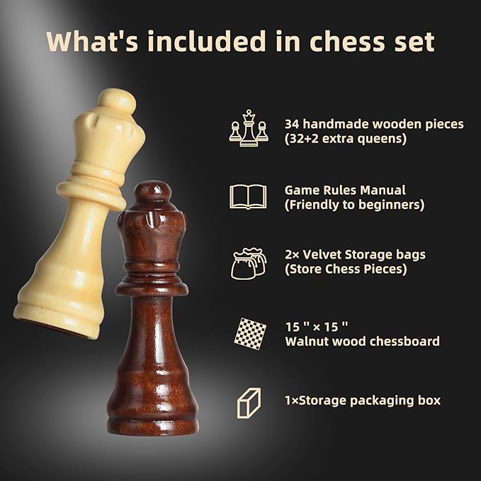 FanVince Chess Set 15" Wooden Board Game - Wood Sets with 2 Storage Bags and 2 Extra Queens - Gifts Box for Men Dad
