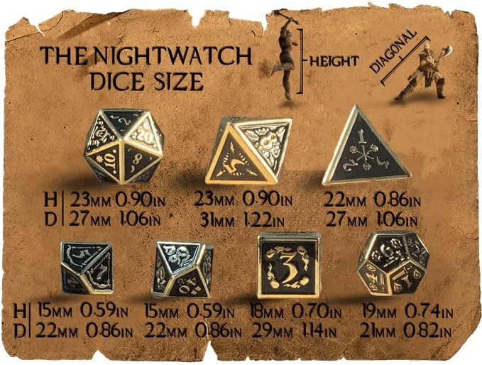 Metal Dice Set Collection for DND and All TRPG Games (Nightwatch, Gold 7 Set)
