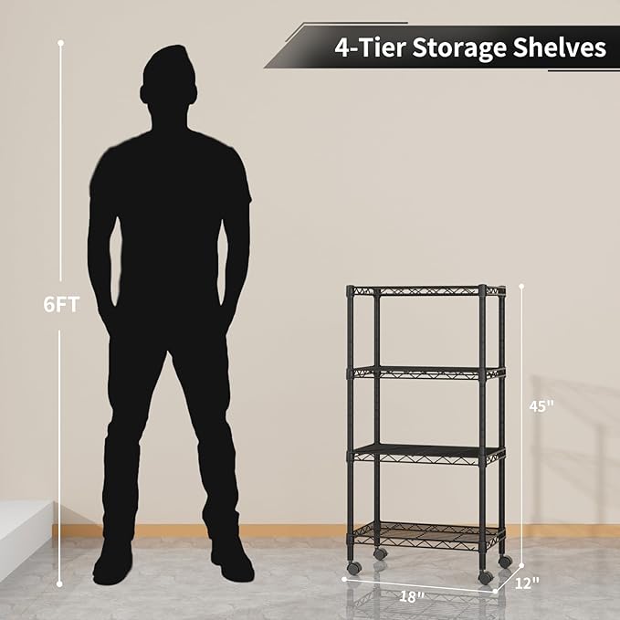 Small 4 Tier Shelves Storage Wire Shelving Unit Metal Shelf Adjustable Organizers Storage Shelving with Wheels for Bathroom Laundry Room Kitchen Pantry12”D x 18”W x 44.8”H Black