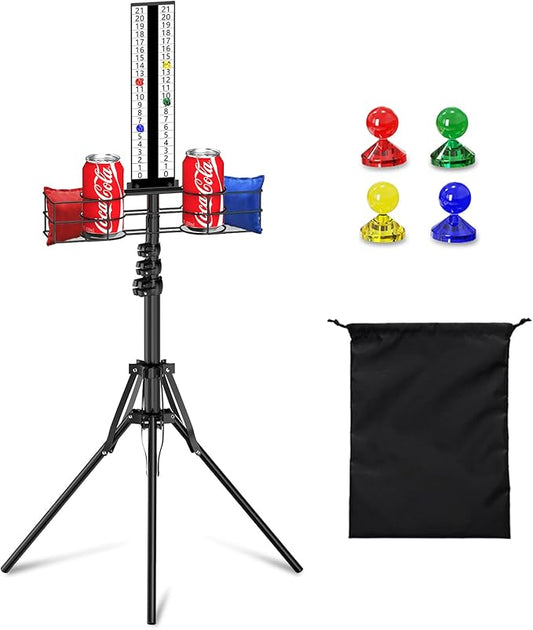 Cornhole Scoreboard with Drink Holder, Height Adjustable Foldable Cornhole Score Keeper with Storage Rack Includes 4 Magnets, 1 Storage Bag, Suitable for Outdoor Yard Games