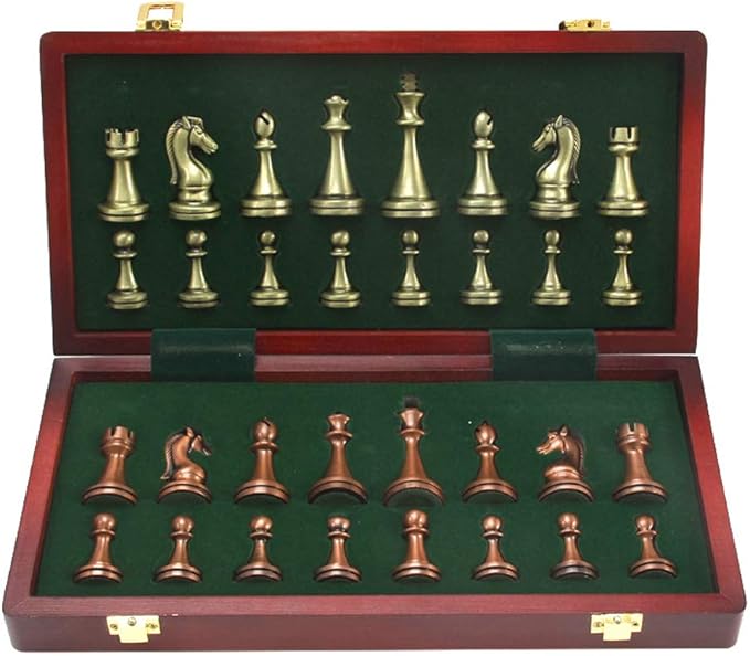 Large Metal Deluxe Chess Retro Copper Plated Alloy Chess Adult Set Board Game Portable Wooden Box Storage Folding, 2 Players Chess Set
