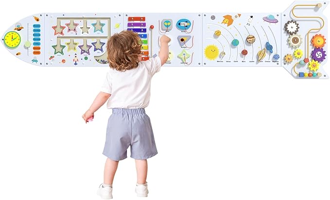 Rocket Sensory Wall Panel for Kids - Montessori Toddler Activity Board, Busy Board Panels, Wall Toys for Toddlers 3, Activity Cube, White Grey