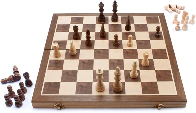 GSE Games & Sports Expert 15" Wooden Chess Set, Folding Chess Board Set with Pieces Storage Slots, Portable Travel Game for Adults & Kids