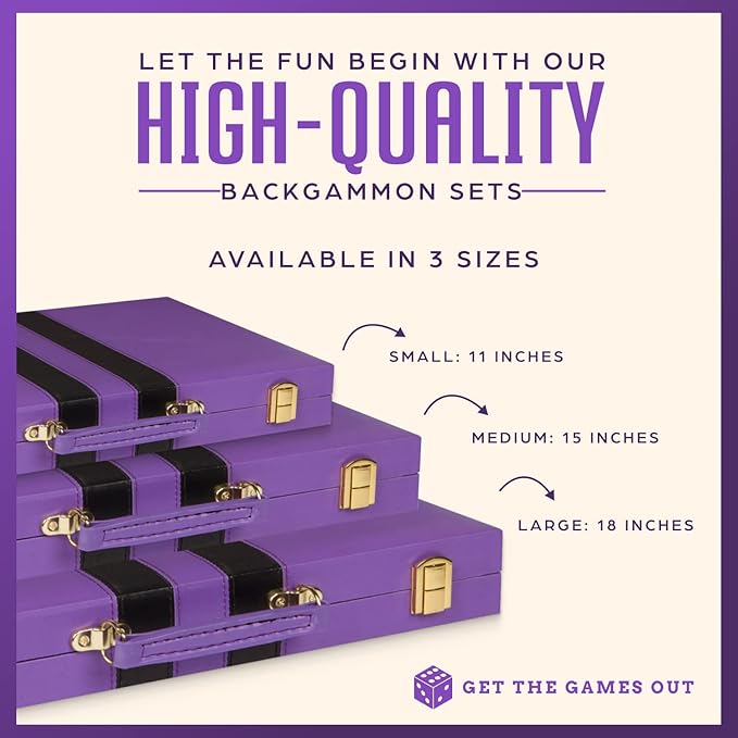 Get The Games Out Top Backgammon Set - Classic Board Game Case - Best Strategy & Tip Guide - Available in Small, Medium and Large Sizes (Purple, Large)
