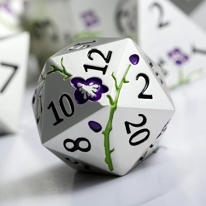 Flower Silver Metal Dice, DNDND 7 PCS Heavy Metallic D&D Dice Set with Gorgeous Gift Case for Dungeons and Dragon Tabletop Game (Matte Silver with Purple Flower)