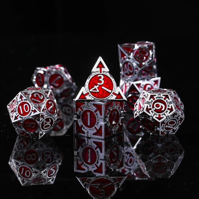 RULE DND Dice - Metal Polyhedral Set, Large Role Playing, Red Weighted Metallic, MTG RPG Dice with Gift Box