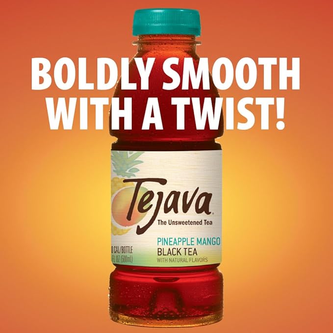 Tejava Pineapple Mango Black Iced Tea, 12 Pack, 16.9oz PET Bottles, Unsweetened, Non-GMO, Kosher, No Sugar or Sweeteners, No calories, No Preservatives, Brewed in Small Batches