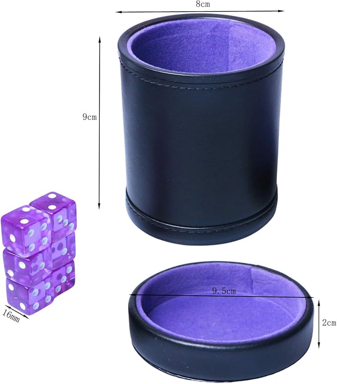 PU Leather Dice Cup with Lid, Purple Velvet Interior Quiet Dice Shaker Cup Including 6 Purple Translucent Dice for Liars Dice/ Farkle/ Yahtzee Games, 1 Pack