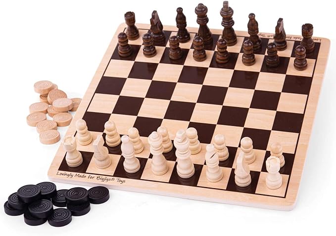 Bigjigs Toys Draughts and Chess Board Sets - 2 in 1 Wooden Chess Board & Checkers Game, 28cm x 28cm, Family Board Games