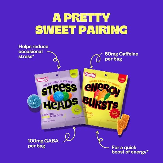 Tandy Stress Heads & Energy Bursts Gummies I GABA Amino Acid & Caffeine Gummy I Sour Fruit & Zesty Fruit Flavors I I Stress Relief & Energy Boost Gummies Variety Pack I 6-Pack