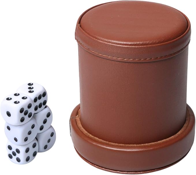 PU Leather Dice Cup Set with Lid Dark Brown Felt Lining Quiet Shaker Cup Includes 6 Dot Dice for Liars Dice Farkle Yahtzee Board Games, 1 Pack