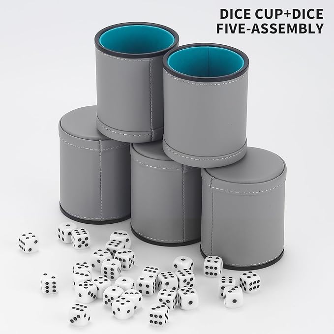 5 Pack PU Leather Dice Cups Velvet Felt-Lined Shaker Cups with 30 Dot Dice for Bar Party Yahtzee Farkle Dice Games, Grey
