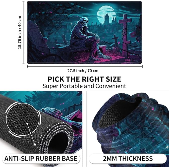 Playmat 24" x 14" Game Mats Tabletop Magic for MTG/TCG Cards, Trading Card Game Playing Stitched Play Mats Commander Deck Gaming Desk Mat Card Gameplay Mats, Halloween Night Skeleton