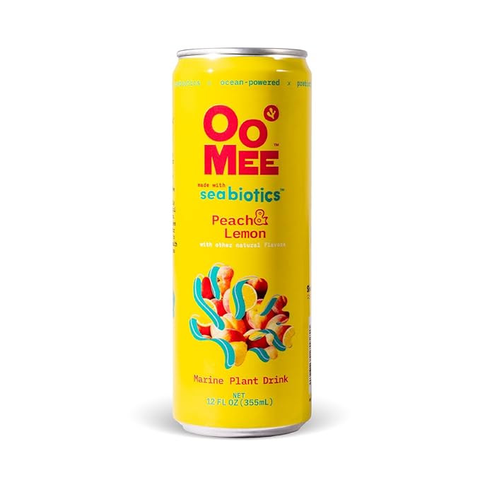 OoMee Prebiotic Drink | Peach & Lemon | Plant-Based Vegan Beverage with Marine-Sourced Agar Prebiotics (Seabiotics) for Digestive & Gut Health Functional Drink – 12oz Cans, 12-Pack