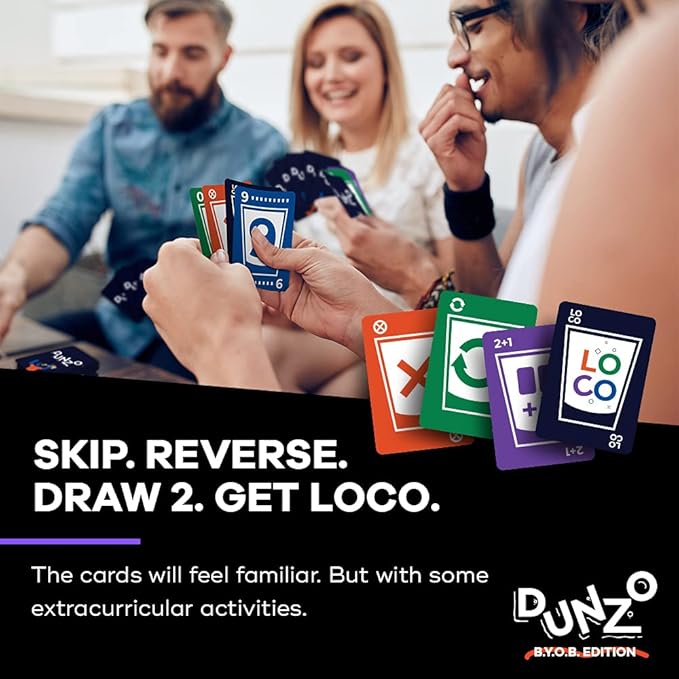 DUNZO™ (BYOB Edition) - Party Version of Classic Card Game - Draw Two, Skip, Reverse, Get Loco - Fun Games for Friends - Perfect for College Parties, Birthdays, Bachelorettes, or Any Event!