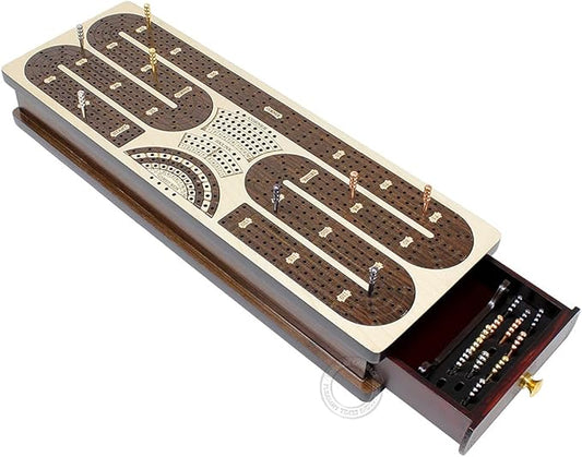 Continuous Cribbage Board/Box Inlaid in Maple/Rosewood : 4 Track - Storage Drawer for Pegs & Playing Cards - Score Marking Fields for Skunks, Corners and Won Games