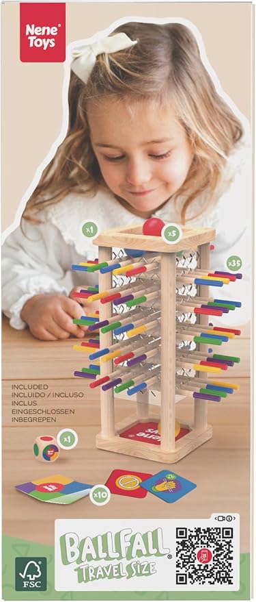 Nene Toys BALLFALL - Montessori Wooden Board Game for Kids Ages 3-9 – Educational Toy for Fine Motor Skills & Logical Thinking – Classic Family Tower Game with Colorful Sticks, Dice & Cards