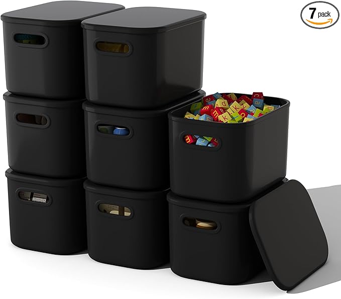 8 Pack Black Storage Bins with Lids Stackable Storage Container for Organizing, Black Storage Boxes with Handle for Shelves, Cute Organizer Bins for Craft, Snacks, 9.85x6.9x5.7 inch