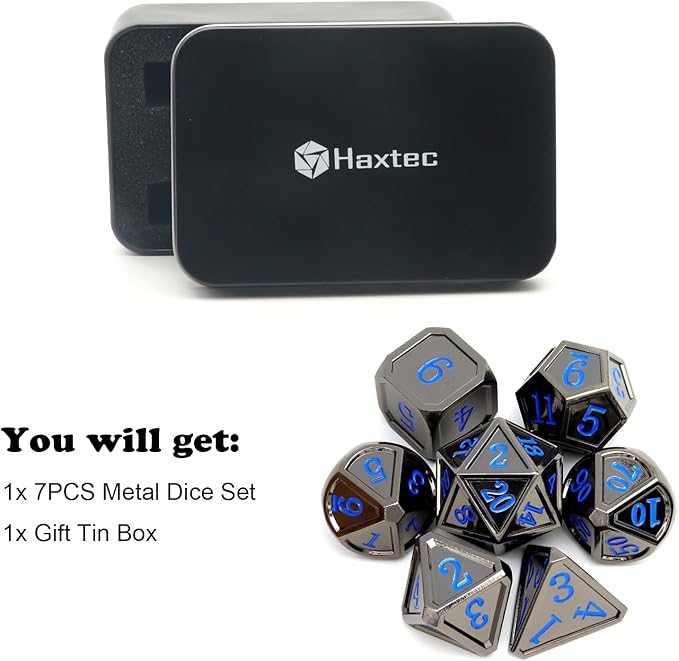 Haxtec Black Metal DND Dice Set D&D W/Gift Metal Case Polyhedral Dice for Dungeons and Dragons TTRPG-Black Blue Numbers