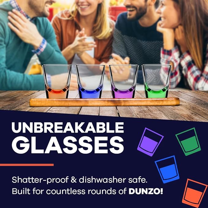 DUNZO® - Hydrating Version of Classic Card Game with 4 Unbreakable Glasses - Draw Two, Skip, Reverse, Get Loco - Fun Party Game & Funny Gifts - Card Games