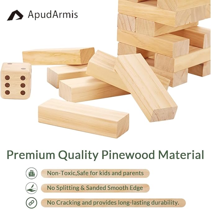 ApudArmis Giant Tumble Tower Stack to Over 5Ft, 60 PCS Pine Wooden Stacking Timber Game with 1 Dice Set - Classic Block Giant Outdoor Game (7.48 * 2.48 * 1.5 in Each Block)