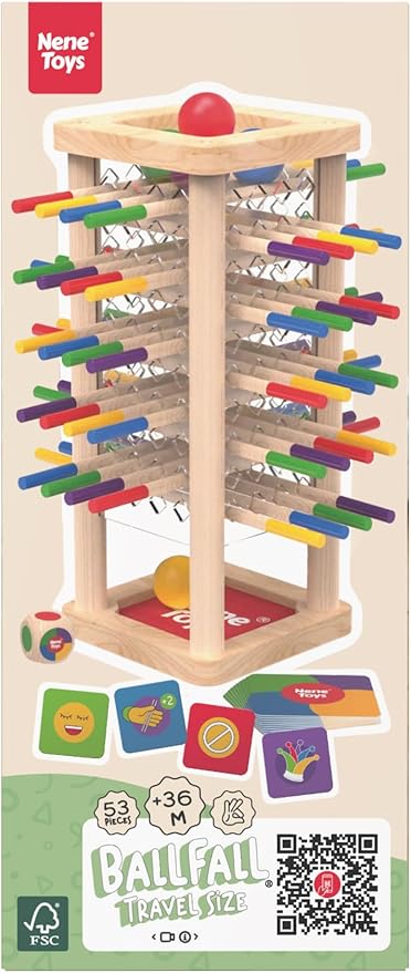 Nene Toys BALLFALL - Montessori Wooden Board Game for Kids Ages 3-9 – Educational Toy for Fine Motor Skills & Logical Thinking – Classic Family Tower Game with Colorful Sticks, Dice & Cards