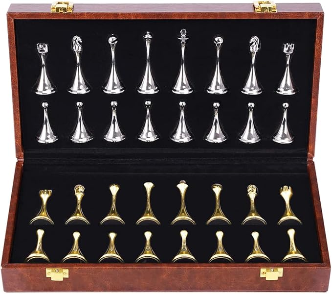 Chess Set, Magnetic Travel Chess Set, Large Metal Deluxe Chess Retro Alloy Adult Board Game Portable Wooden Box Storage Folding Chess Set,D