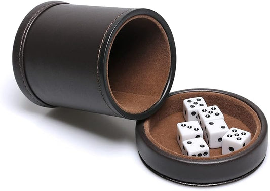 PU Leather Dice Cup with Lid, Dark Chocolate Leatherette and Dark Brown Felt-Lined Quiet Dice Shaker Cup, Including 6 Black Dot Dice for Liars Dice/ Farkle/ Yahtzee Games, 1 Pack