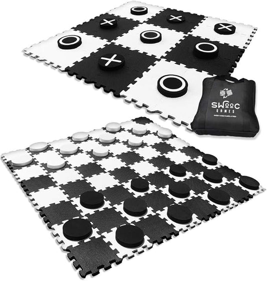 SWOOC Games - 2-in-1 Premium Giant Checkers & Tic Tac Toe Game (4ft x 4ft) - 100% High Density EVA Foam Mat & Pieces - Extra Large Checkers Set with Jumbo Checkerboard and Yard Size Tic Tac Toss
