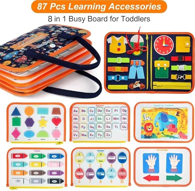 Freebear Busy Board, Toddler Travel Toys, Sensory Toys for Toddlers 2 3 4, Montessori Learning Toys for Toddlers Activities Board, Educational Toys for 2 3 Year Old Boys Girls Gift, Dark Blue Medium