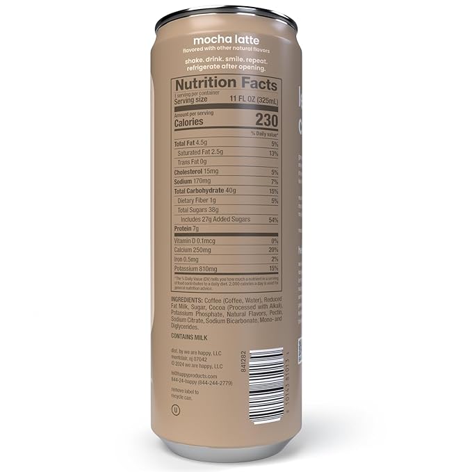 happy coffee canned mocha latte, 11 oz. cans, 12 pack, notes of cocoa & elation, 100% arabica beans, no artificial flavors or sweeteners