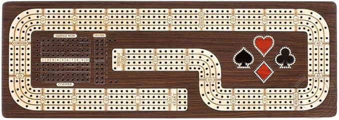 Continuous Cribbage Board/Box Inlaid in Wenge Wood/Maple : 4 Track - Cards & Pegs Storage Drawer with Score Marking Fields for Skunks, Corners and Won Games