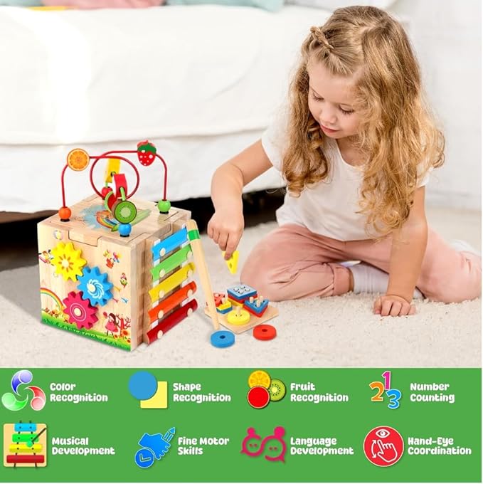 Batlofty Wooden Activity Cube, 8-in-1 Montessori Toys for 1+ Year Old Boys & Girls, Educational Learning Toys for Toddlers Age 1-2, 1st Birthday Gift with Word Cards | Bonus Sorting & Stacking Board