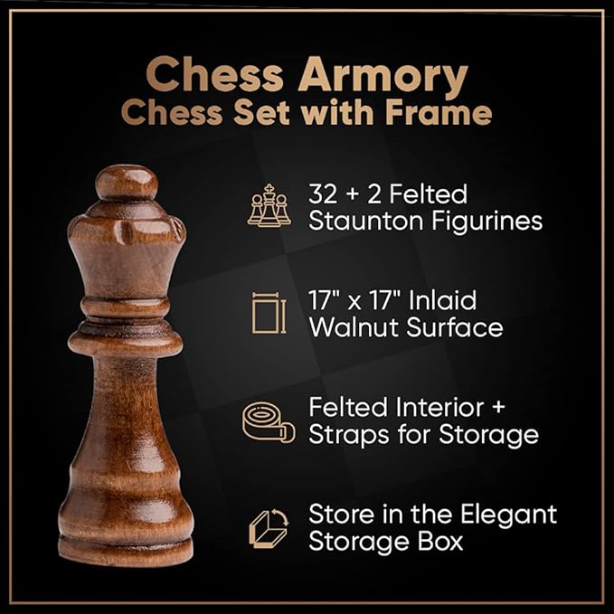 Chess Armory Wooden Chess Set - 17 inch Large Chess Board Sets for Adults and Kids with Extra Queen Pieces & Storage Box