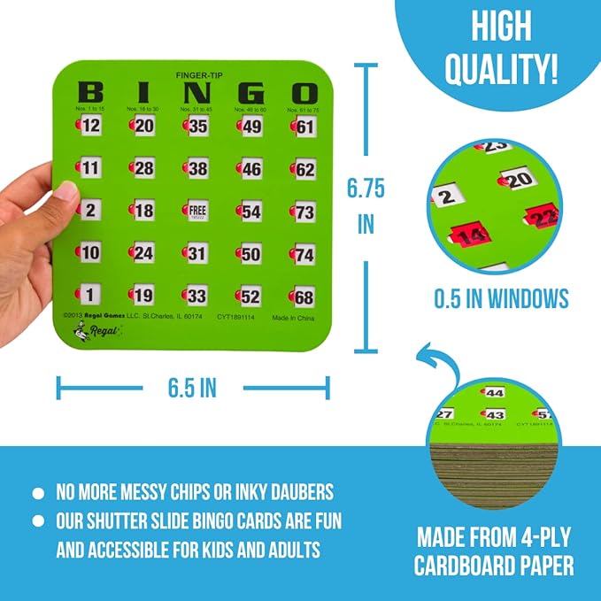 Regal Bingo Finger-Tip Shutter Bingo Cards Set w/Sliding Windows - 25 Bingo Shutter Cards, 75 Reusable Calling Cards, 1 Master Board - Ideal for Family Fun Night - No Chips & Daubers Needed - Green