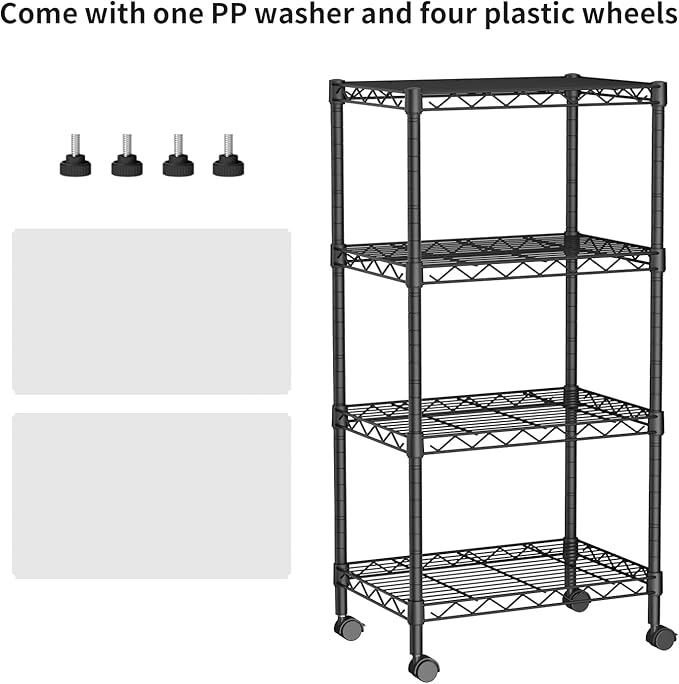 Small 4 Tier Shelves Storage Wire Shelving Unit Metal Shelf Adjustable Organizers Storage Shelving with Wheels for Bathroom Laundry Room Kitchen Pantry12”D x 18”W x 44.8”H Black