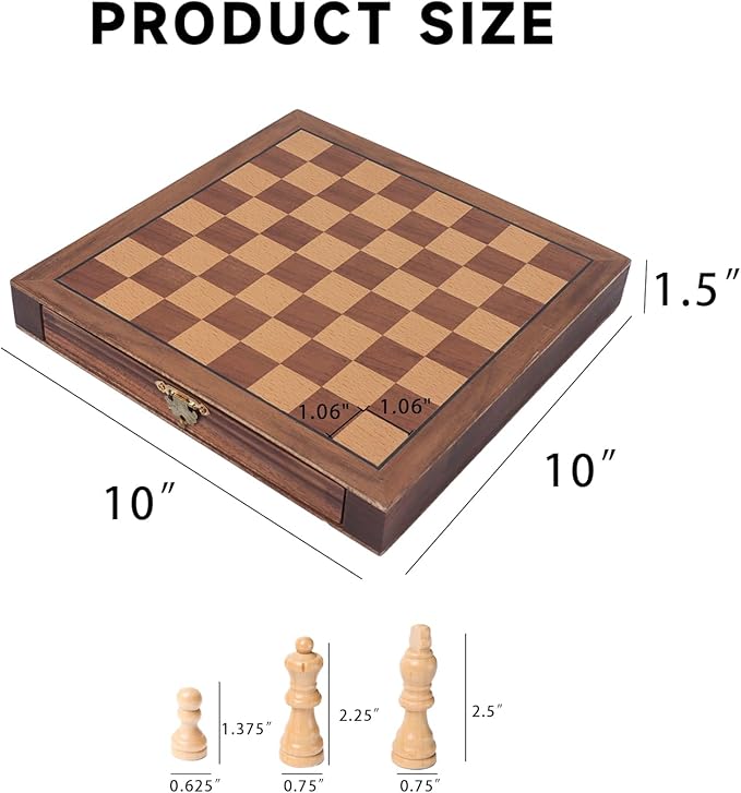 GSE Games & Sports Expert 10" Magnetic Chess Set, Wooden Chess Board Game Set with Drawers, Classic Portable Travel Board Game for Kids & Adults