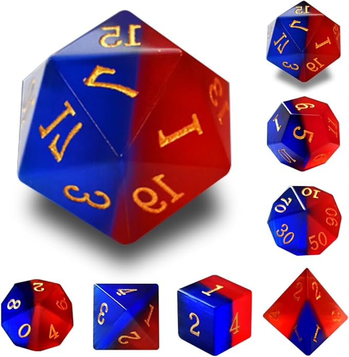 Gemstone DND Dice Set Natural Blue&Red Opal Dice Set 7Pieces D&D Dice Used in Dungeons and Dragons RPG Game（Cat's Eyes）