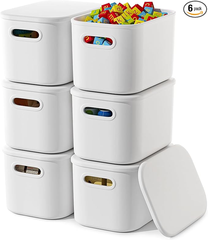 6 Pack White Storage Bins with Lids Stackable Storage Container for Organizing, Storage Boxes with Handle for Shelves, Cute Organizer Bins for Craft, Snacks, 9.85x6.9x5.7 inch