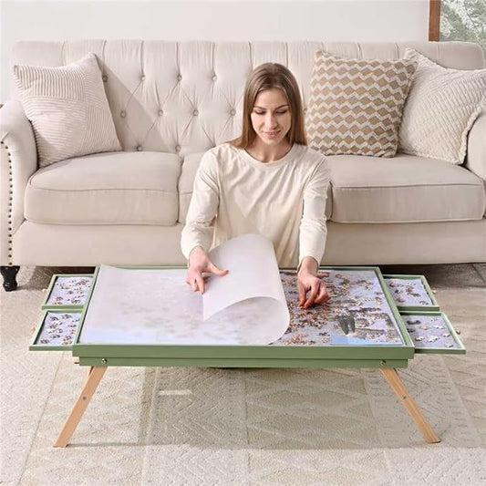 1500 Pieces Wooden Jigsaw Puzzle Board with Foldable Legs, 35"x26.8" Puzzle Table with 4 Drawers and Protective Cover, Large Wood Folding Jigsaw Puzzle Table for Adults and Teens, Mint Green